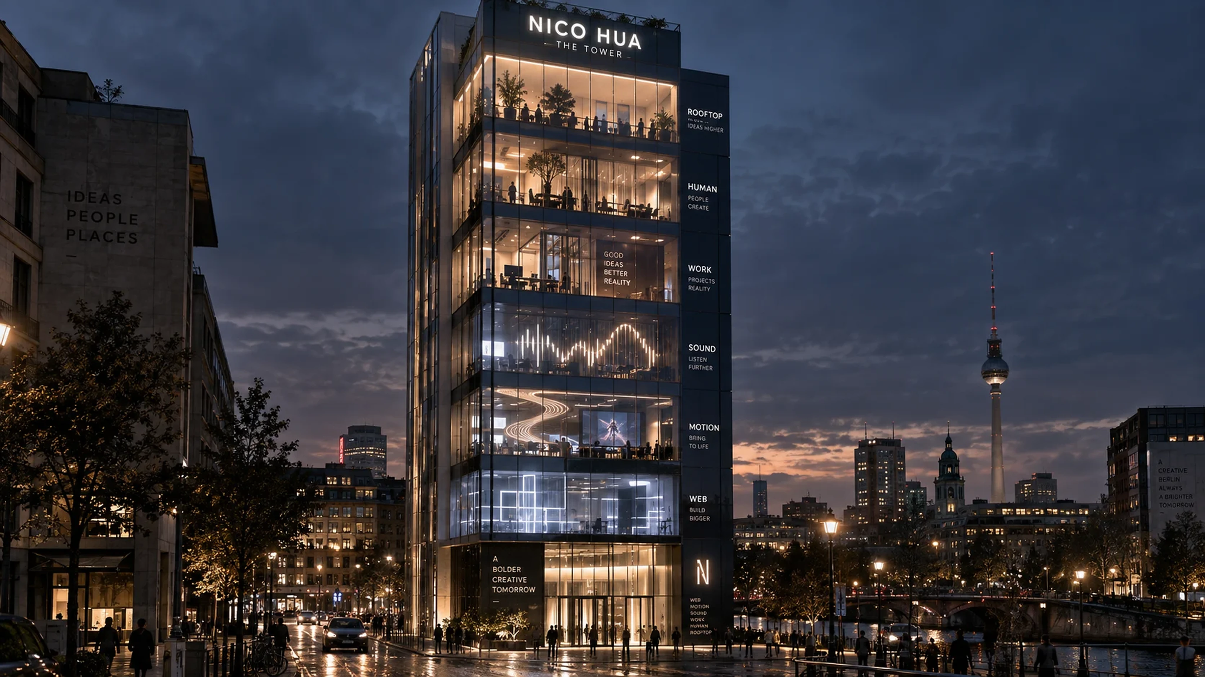 Der Nico Hua Tower in der Berliner Abendlandschaft